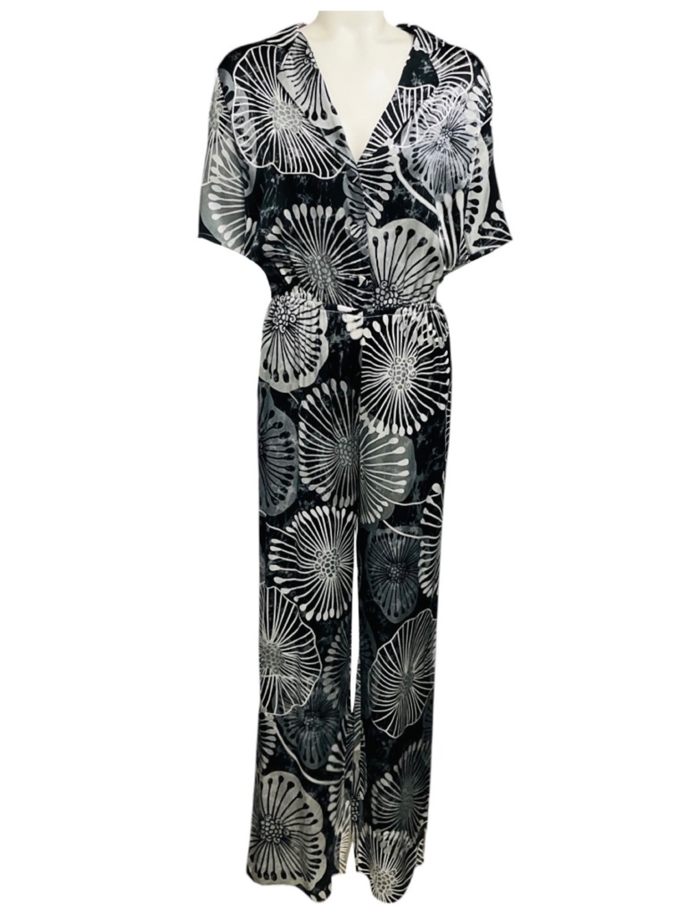 MARIE FRANCE VAN DAMME BLACK / SILVER METALLIC PRINTED SILK SATIN JUMPSUIT